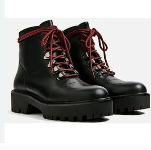 Zara Woman Black Leather Lug Sole Lace Up Ankle Combat Boots